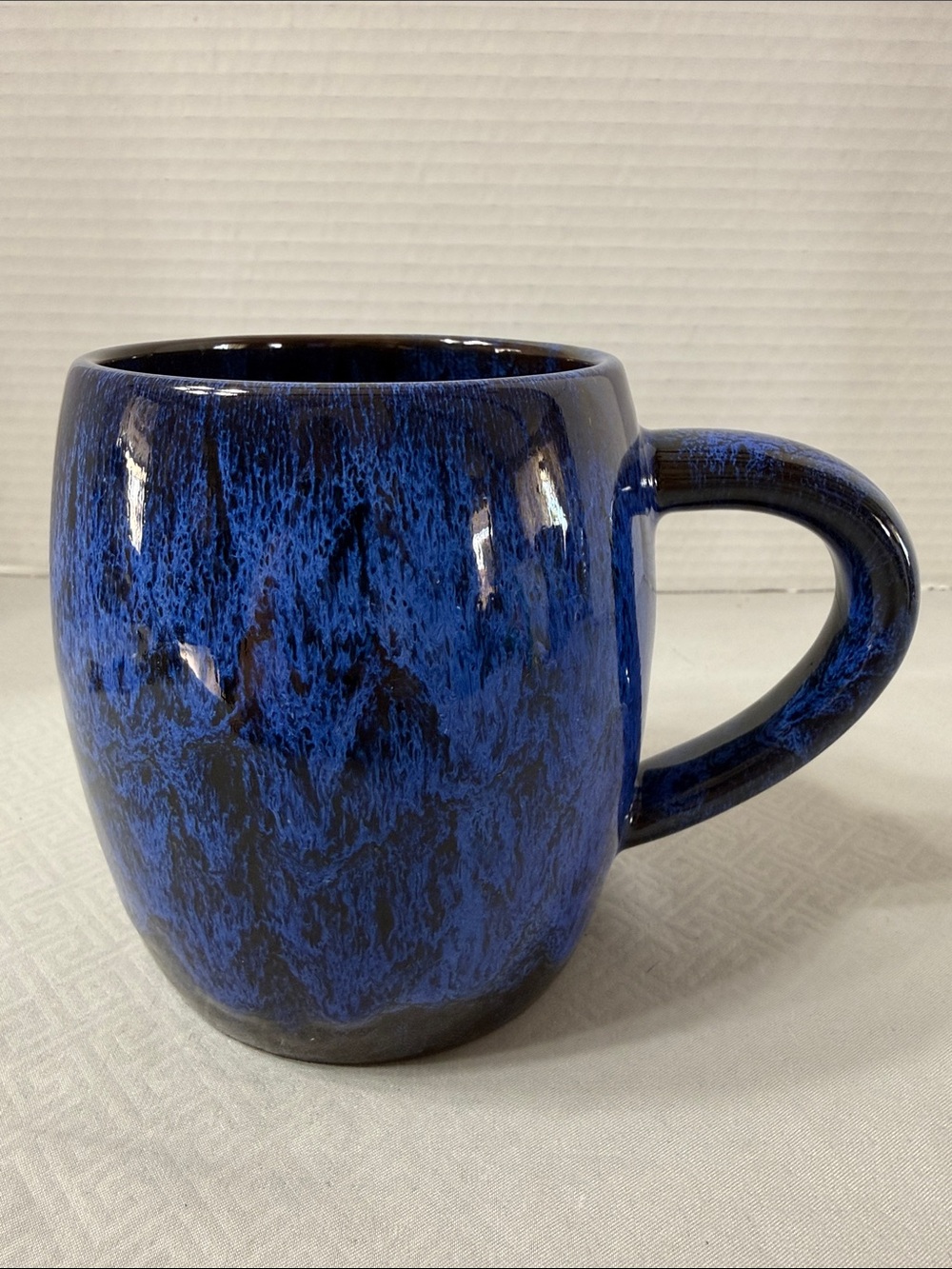 Cobalt Blue Ceramic Reactive Glazed Coffee Mug Oversized Barrel Celestial Swirl